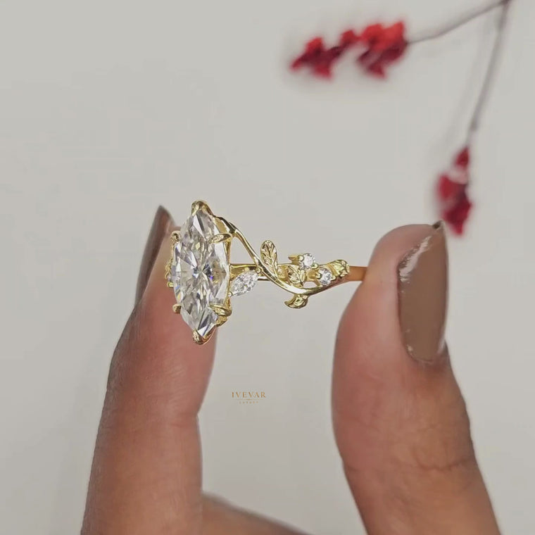 Marquise Cut Moissanite Ring with Twisted Floral Vine Band video