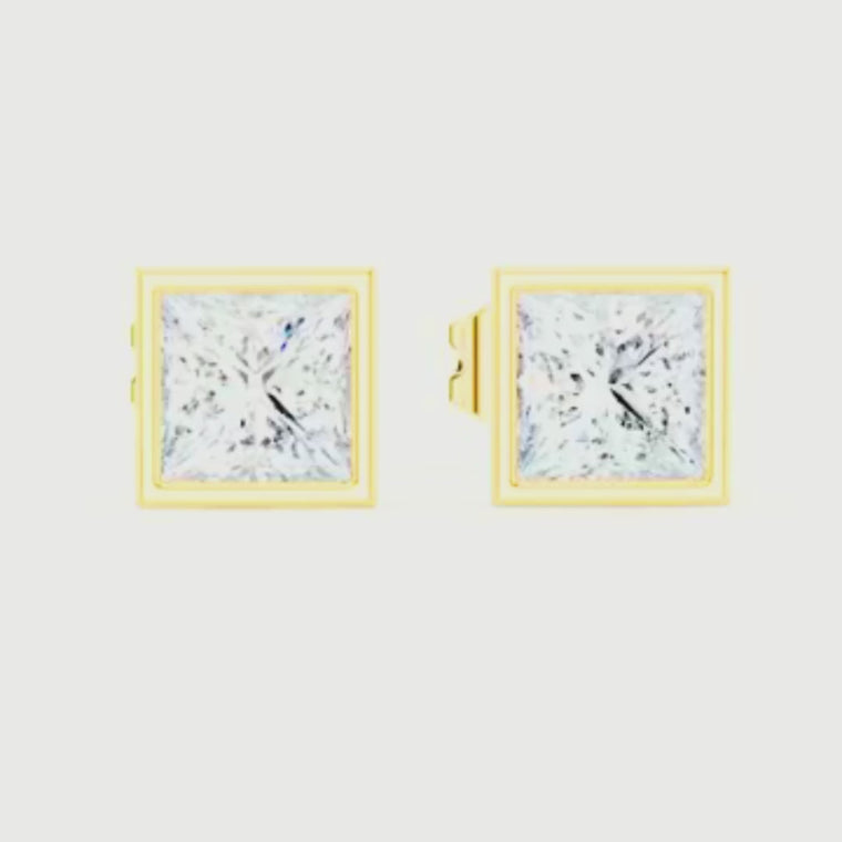 Princess Cut Square Solitaire Stud Earrings with Bezel video