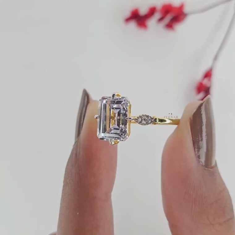Emerald Cut Moissanite Side Stone Solitaire Engagement Ring video
