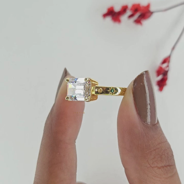 Emerald Cut Engagement Ring With Celestial Star Engraved Band video