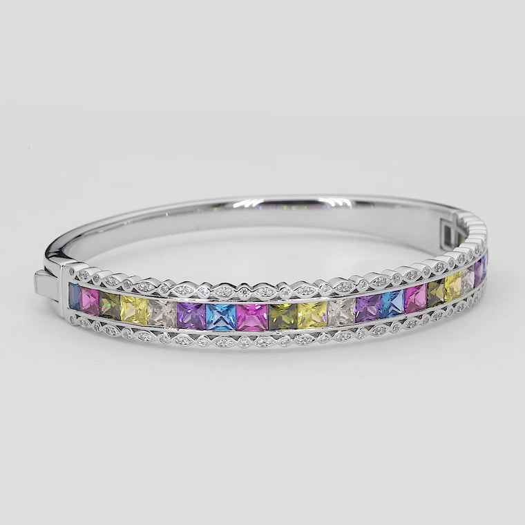 Rainbow Gemstone Channel Hinged Halo Bangle Bracelet video