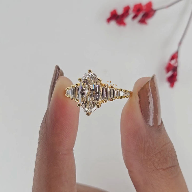 Rose Marquise Cut Baguette Side Stone Engagement Ring video