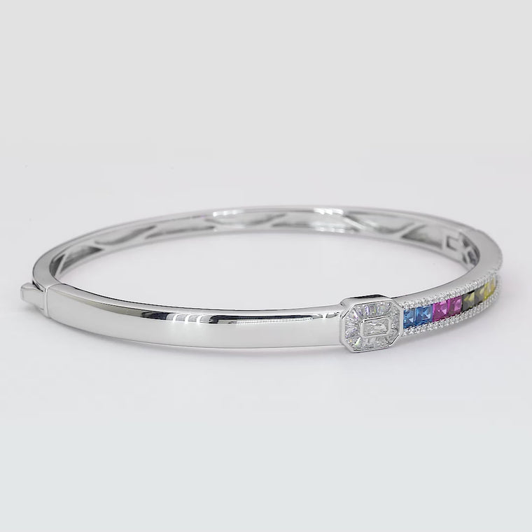 Rainbow Baguette Diamond Hinged Bangle Bracelet video