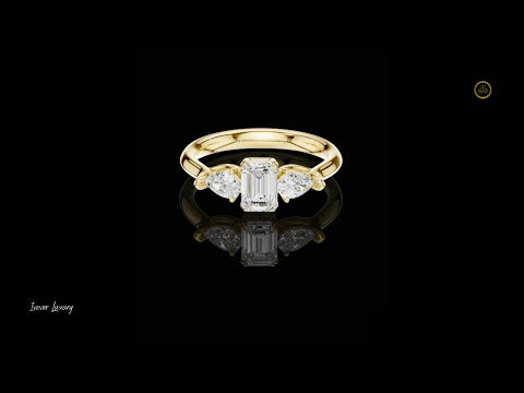 0.56 CT Emerald Cut Moissanite Diamond Trillian Side Stone Modern Heirloom Design Engagement Ring