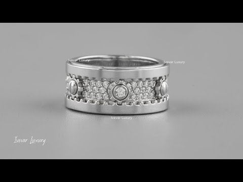 1.00 TCW Luxury Wide White Gold Moissanite Diamond Band Featuring Industrial Inspired Gear Detailing