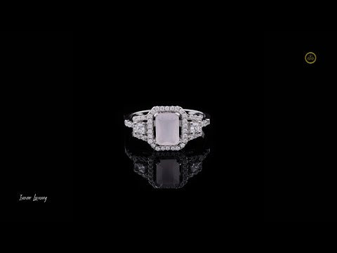 1.31 CT Emerald-Cut Rose Quartz Ring with Moissanite Diamond Double Halo and Split-Shank Pavé Band