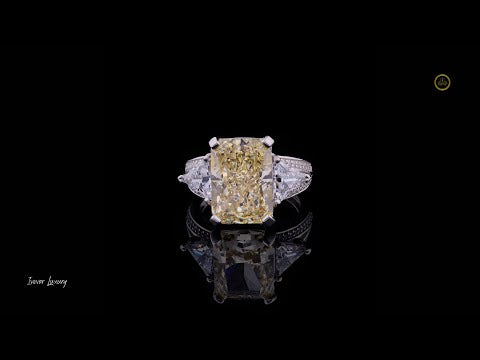 4.00 CT Dazzling Radiant Cut Fancy Intense Yellow Moissanite Diamond Ring with Trillion Cut Side Diamonds