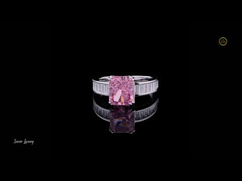 1.00 CT Fancy Intense Pink Radiant Cut Lab Grown Diamond Ring with Baguette Accents