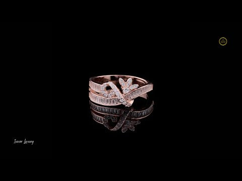 0.70 CT Exquisite Rose Gold Dual Band Ring Adorned with Sparkling Floral Lab Diamond Motifs and Baguette Detailing