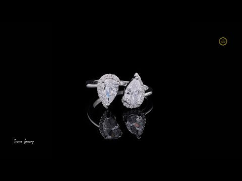 1.00 CT Double Pear Cut Moissanite Diamond Open Halo Ring in Modern Teardrop Statement Jewelry
