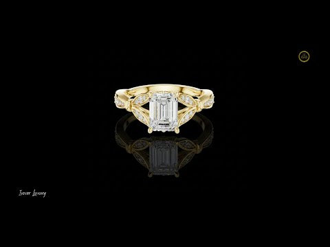1.5 CT Vintage Inspired Emerald Cut Moissanite Diamond Ring in with Intricate Leaf-Motif Band