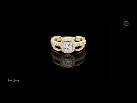 0.57 CT Modern Split Shank Ring with Princess Moissanite Diamond and Radiant Halo Accented by Pave Diamond