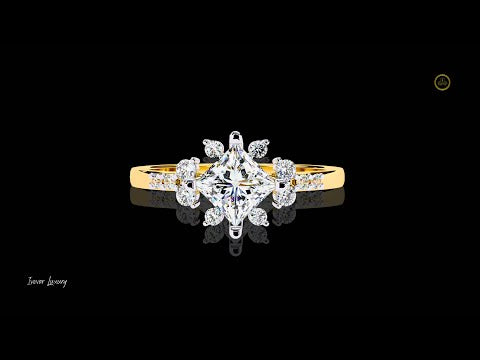 0.84 CT Radiant Princess Cut Halo Ring with Floral Lab Grown Diamond Accents Vintage Inspired Engagement Ring by Ivevar Luxury