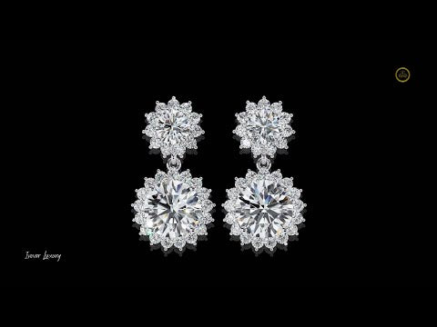 1.37 TCW Sunburst Floral Halo Round Brilliant Cut Moissanite Diamond Drop Earring