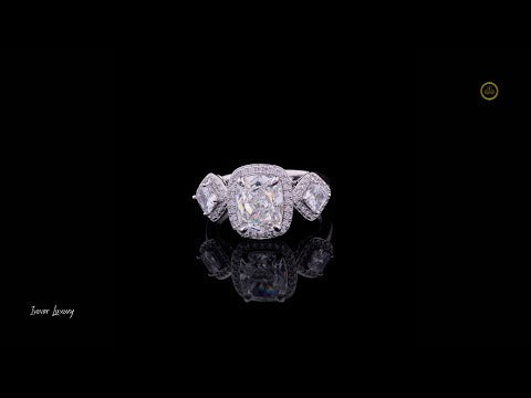 1.35 CT Exquisite Cushion Cut Lab Grown Diamond Halo Ring with Trapezoid Side Stones