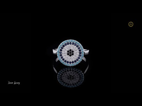 0.45 TCW Round Evil Eye Protection Ring with Lab Grown Turquoise, Sapphire and Diamond Accents
