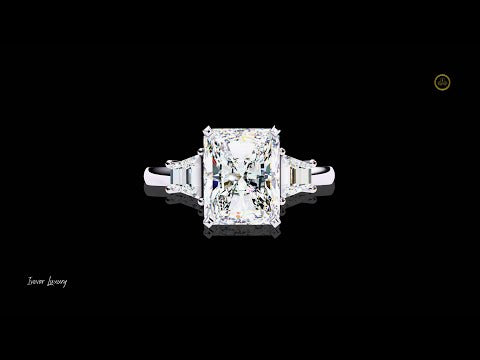 3.03 CT Perfect Radiant Cut Three Stone Ring With Moissanite Diamond Trapezoid Side Stone Ring