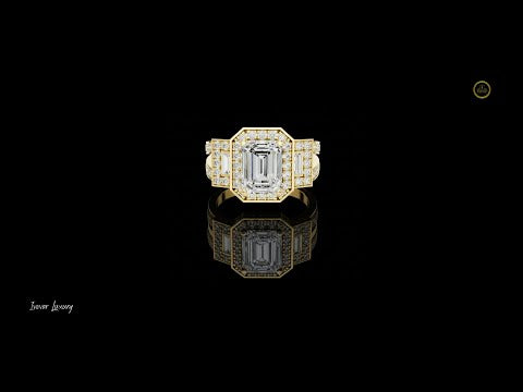 2.5 CT Iconic Statement Emerald Cut Center with Side Baguette Three Stone Double Halo Moissanite Diamond Ring