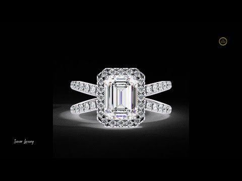 1.67 CT Emerald Cut Halo Lab Grown Diamond Ring with Double Pave Band Fine Jewelry