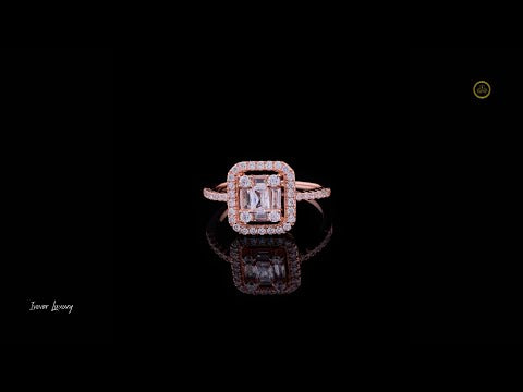 0.45 CT Emerald Cut Lab Grown Diamond Halo Ring with Double Accent Baguettes and Micro Pave Ring Crafted for Bridal Elegance
