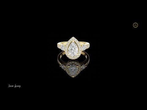 1.2 CT Exquisite Three Stone Pear Cut Moissanite Diamond Halo Ring with Round Side Stones Statement Ring