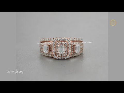 0.25 CT Elegant Triple Emerald Cut Halo Lab Grown Diamond Ring With Luxury Multi Row Band
