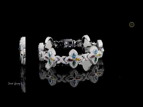 Multicolor Gemstone and Diamond Pave Clover Bracelet in Sterling Silver