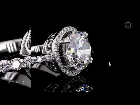 2.00 CT Round Cut Halo Diamond Ring with Pave Band Moissanite Ring in Sterling Silver