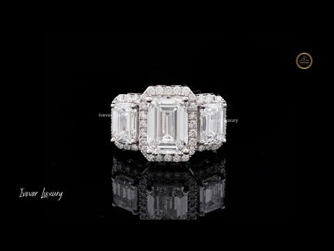 3.00 CT Classic Handcrafted Gold Emerald Cut Lab Grown Diamond Three Stone Ring