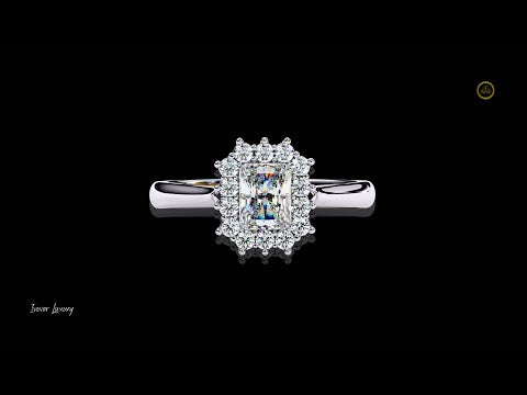 0.35 CT Luxury Emerald Cut Moissanite Diamond Ring with Halo Design on a Polished Gold Band
