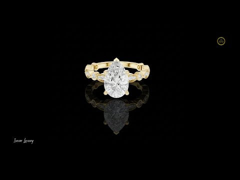 2.00 CT Vintage Inspired Pear Cut Solitaire Moissanite Ring with Diamond Accented Gold Band