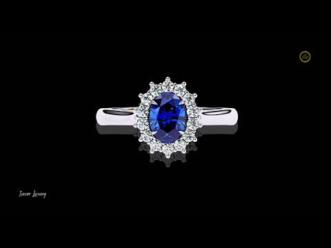 0.45 CT Fancy Vivid Blue Oval Ring with Brilliant Moissanite Diamond Inspired Halo Accent