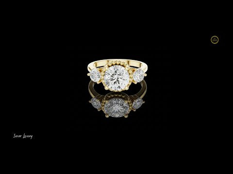 2.00 CT Captivating Round Cut Three Stone Moissanite Diamond Ring with Beaded Gold Halo Setting