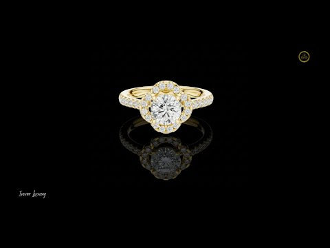0.93 CT Exquisite Floral Halo Round Brilliance Moissanite Diamond Ring with Pave Accents