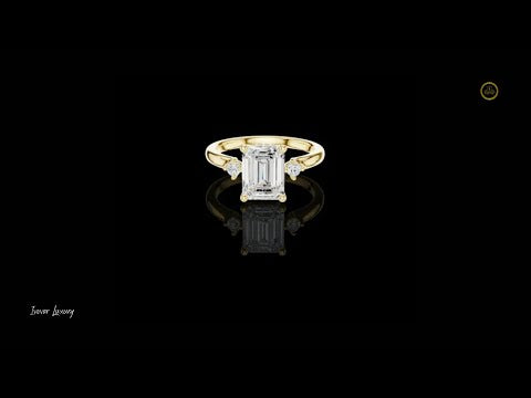 2.08 CT Stylish Three Stone Emerald Cut Lab Grown Diamond Ring with Round Side Diamonds