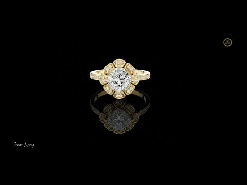 1.51 CT Floral Cushion Cut Moissanite Diamond Ring in Gold with Petal Style Halo and Pave Band