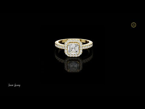 0.77 CT Emerald Cut Center Stone Surrounded by a Sparkling Halo and Lab Grown Diamond Set Band