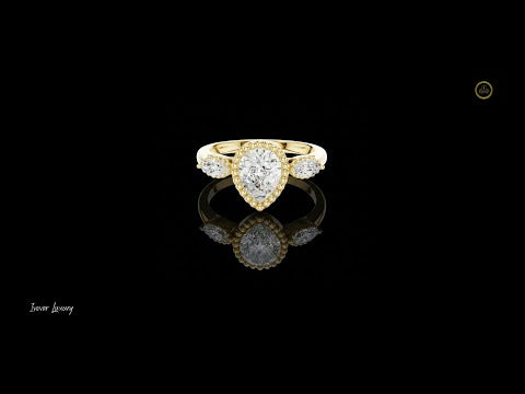 1.32 CT Vintage Inspired Pear Cut Three Stone Moissanite Diamond Ring in Textured Gold Halo For Her