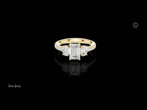 1.01 CT Heirloom Emerald Cut Three Stone Ring with Oval Side Moissanite Diamond Stones and Pave Band