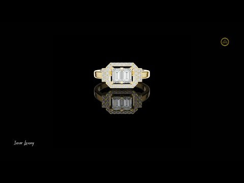 0.76 TCW Gleaming Twin Emerald Cut Lab Grown Diamond Ring with Geometric Pave Halo Setting
