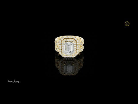 2.00 CT Statement Gold Emerald Cut Moissanite Diamond Halo Ring with Double Pave Setting For Bridal