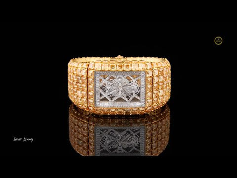 130 CT Yellow Diamond Moissanite Bustdown Watch Baguette Dial & Asscher Cut Brilliance with Yeallow Diamonds