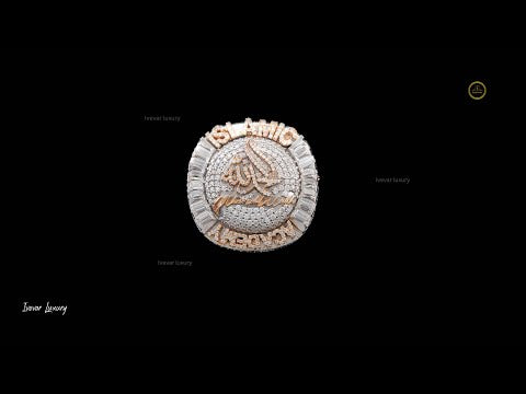 5.30 TCW Majestic Lab Diamond Encrusted Islamic Calligraphy Statement Ring with Emerald Halo Detailing