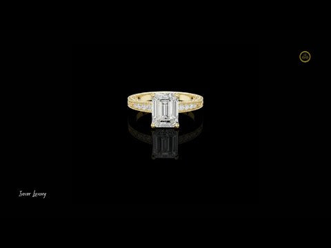 2.00 CT Luxury Emerald Cut Lab Grown Diamond Ring with Pave Diamond Band and Milgrain Detailing