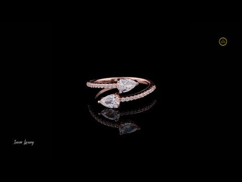 0.50 CT Sparkling Rose Gold Lab Grown Diamond Ring with Twin Pear-Shaped Sparkling Stones and Pave Diamond Band