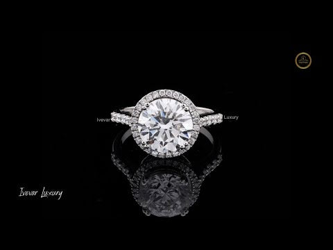 2.00 CT Round Cut Halo Diamond Ring with Pave Band Moissanite Ring in Sterling Silver