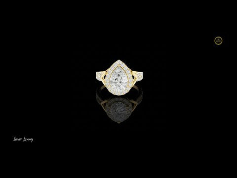 1.81 CT Geometric Pear Cut Moissanite Diamond Halo Ring in Gold with Double Pave Band For Gift