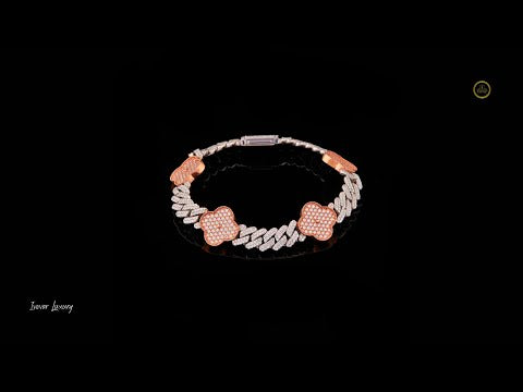 Luxury Two Tone Moissanite Diamond Cuban Bracelet with Clover Accents Hip Hop Jewelry