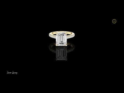 1.10 CT Delicate Emerald Cut Solitaire Lab Grown Diamond Ring in Gold with Pave Diamond Band
