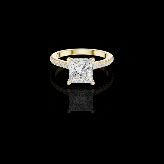 2.15 CT Luminous Princess Cut Moissanite Diamond Ring in Gold with Pave Diamond Band